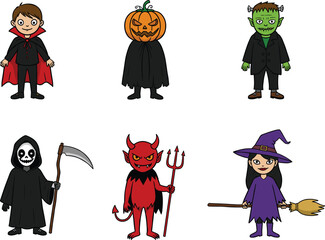 Cute Halloween Characters Set Including Vampire, Pumpkin Head, Frankenstein, Grim Reaper, Devil, Witch, Cartoon Costume Collection for Kids