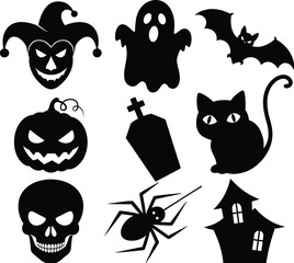 Fototapeta premium Vector art of halloween silhouettes Jack-o'-lantern, Ghost, Bat, Cat, Skull, Spider, Haunted House, Jester.