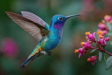 Obraz premium Vibrant hummingbird in flight, near pink flowers