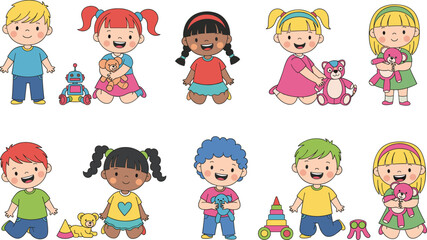 Cartoon children, diverse kids, toy collection, happy faces, playful moment, colorful outfits, childhood joy, stuffed animals, cute illustration, fun scene