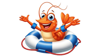 Joyful cartoon shrimp character wearing a blue and white life preserver ring