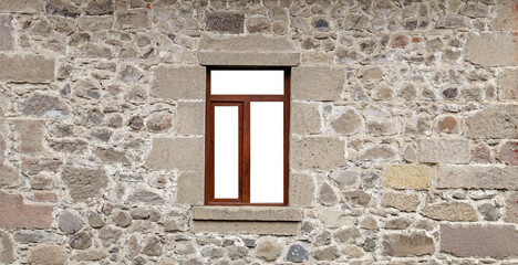 blank, mockup window frame in a stone, rock wall, fence. empty Copy space. mock up. doorway of church. medieval door. front view. entrance. mock-up. isolated on white background. historical exterior