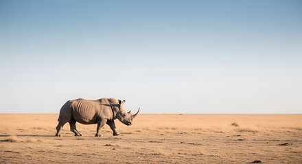 White rhinoceros walking across open plain
