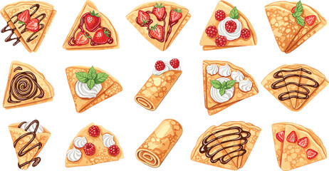 Cartoon crepes, sweet pancakes, delicious dessert, chocolate drizzle, fruit toppings, whipped cream, golden brown, tasty treats, breakfast food, vector illustration