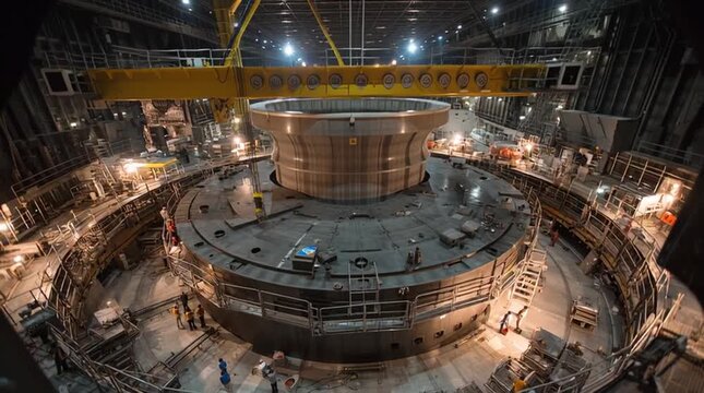 Cinematic view inside containment building as a massive cylindrical reactor pressure vessel is precisely lowered into place by overhead crane, symbolizing nuclear energy and engineering precision.