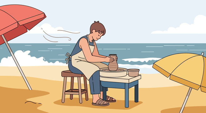 Coastal Creativity: Pottery Making on the Beach Under Shady Umbrellas