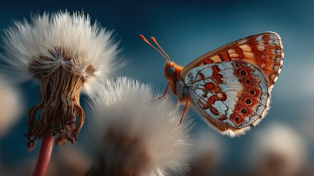 Fototapeta Close-up of a butterfly perched on a fluffy dandelion