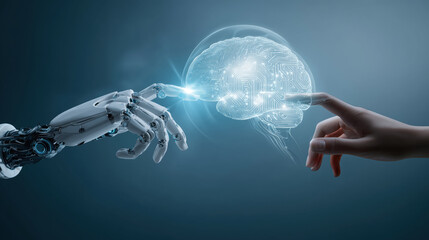 Android robot's hand and a human's hand reaching toward a glowing holographic human brain projected on a digital screen. Concept of innovation and medical technology in healthcare and medicine.

