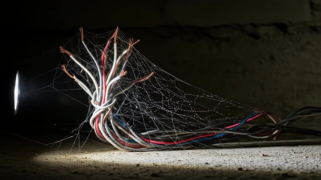 Illuminated network of wires entwined in spider webs showcasing intricate connectivity
