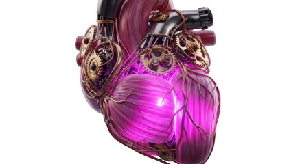 Close up of anatomical heart with vibrant pink glow and detailed muscle fibers