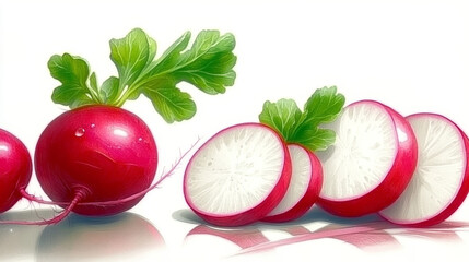 Healthy red radishes with fresh green leaves on white background. Crisp slices and whole radish offer a nutritious visual.