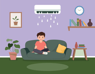 Cartoon, air conditioner, leaking water, child sitting, green couch, purple wall, home interior, living room, clock, shelf, books, vase, potted plant,