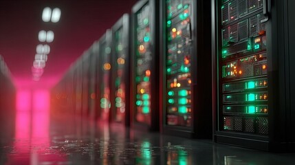 Row of dark server cabinets in a server room, lit by vibrant pink and green lights.  Wet floor reflects the lights
