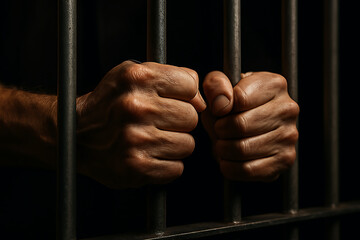 Hands holding jail bars prisoner in prison concept of crime and incarceration legal system and justice