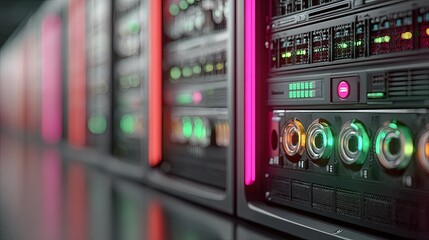 Close-up of server racks, illuminated with vibrant colored lights