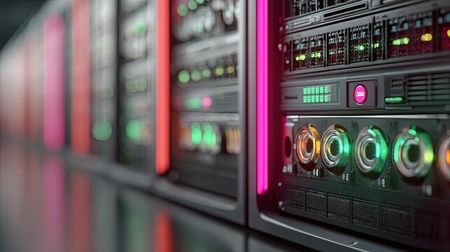 Close-up of server racks, illuminated with vibrant colored lights