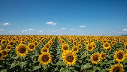 Fototapeta premium Vibrant sunflowers stretch across a field under a clear blue sky