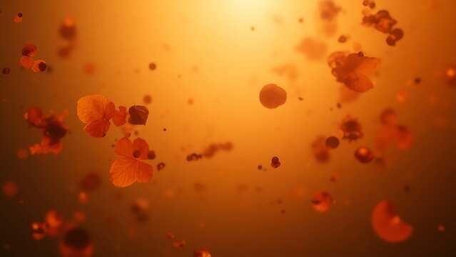A bright orange background with a lot of orange and brown particles