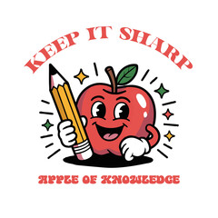 Stay Sharp Motivational Apple and Pencil Cartoon Vector Illustration Back to School Cute Character, t-shirt design, back to school. easily editable and scalable.