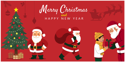 Merry Christmas and Happy New Year Banner with Santa Claus, Christmas Tree, and Gift Exchange – for greeting cards, Christmas posters, flyers, christmas promotional materials.