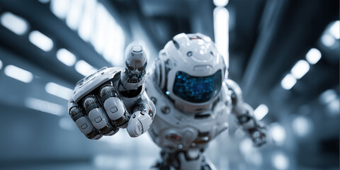 Android humanoid robot pointing with its finger toward the camera.