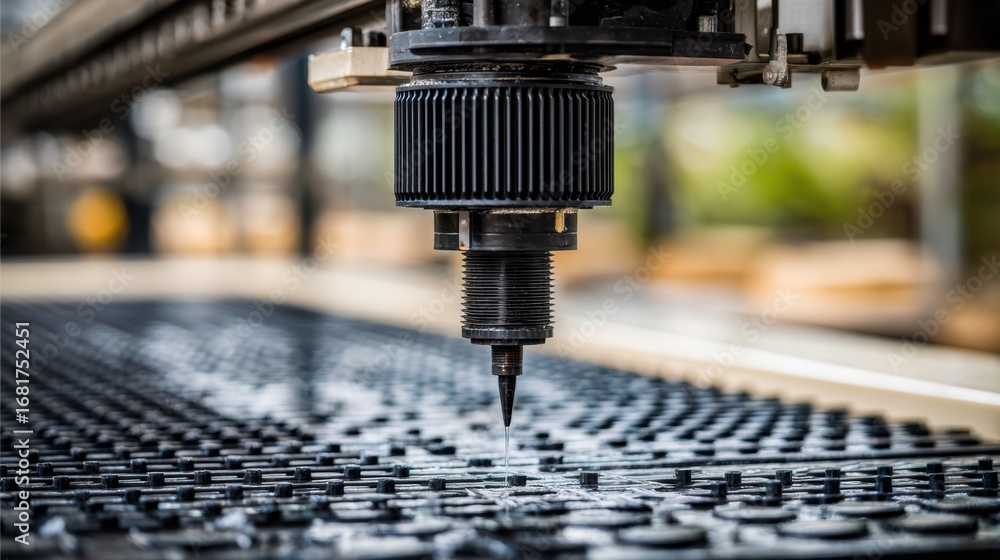 Aufkleber focused shot of a precision robotic fish cutter at work capturing the sharp cutting edge against an 