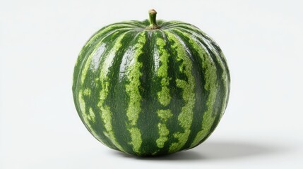 Round, green watermelon with light and dark stripes, central stem, on white