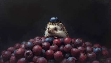 Fototapeta premium Cute hedgehog peeking out from a pile of blueberries, whimsical illustration on dark background