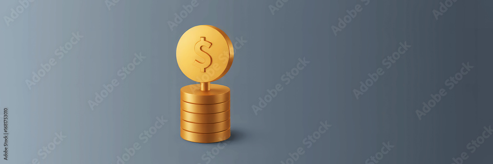 Poster a stack of golden coins with a dollar sign on top against a grey gradient background image