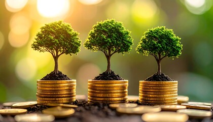 Three small trees planted in stacks of golden coins, a symbolic representation of financial growth and prosperity, bathed in warm, natural light.