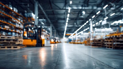 Obraz premium Fluorescent lighting fixtures in a distribution center are sharply focused in a medium shot with the outoffocus forklifts and pallets emphasizing operational efficiency.
