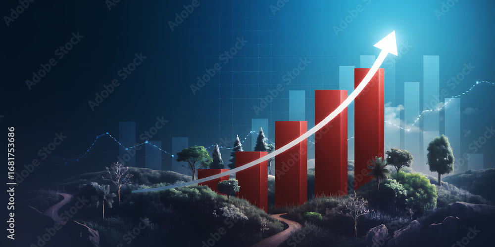 Aufkleber red bar graph with white arrow showing upward trend amidst a landscape with trees and paths