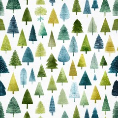 Colorful array of abstract trees featuring various shades of green and blue in a whimsical design on a light background