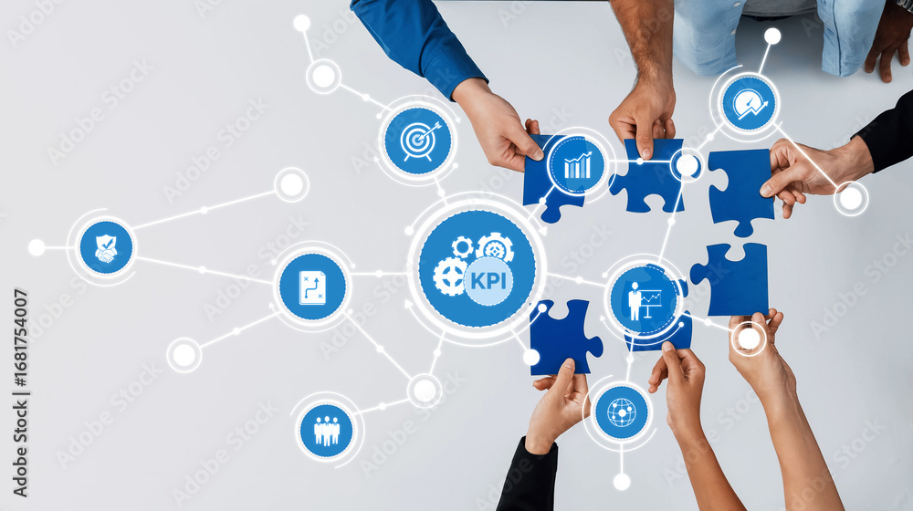 Poster an engaging visual representing teamwork in a modern workspace, highlighting kpi and the collaborati