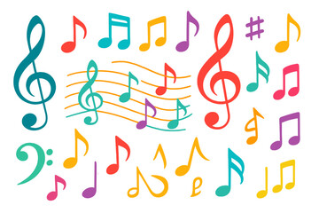 A multicolored musical staff serves as the background for musical notes, presented in a vector illustration style