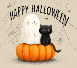 Halloween drawing shows ghost, black cat on pumpkin. Cute texture fits holiday branding, poster design, social media.