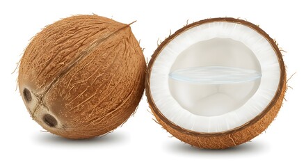 Fresh coconut halves, showcasing both the whole and the inside