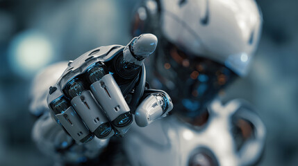 Android humanoid robot reaching toward the camera with its pointing finger.