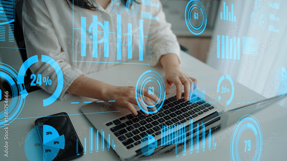 Poster a business professional engaged in data analysis on a laptop, surrounded by virtual graphs and stati