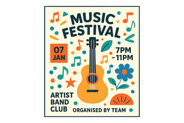 A vibrant background banner template featuring guitar and piano shapes, ideal for music festivals and concerts