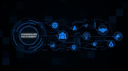 Animated network depicting stakeholder engagement and business collaboration concept. business technology virtual screen background. performance metrics, and business insights from large data sets - Powered by Adobe