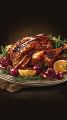 Deliciously roasted chicken with vibrant garnishes and seasonal fruits for a festive dinner gathering