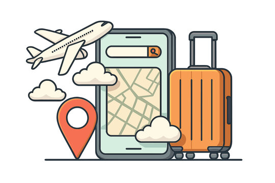 A realistic 3D phone featuring an airplane, suitcase, clouds, and a pointer, rendered as a vector illustration