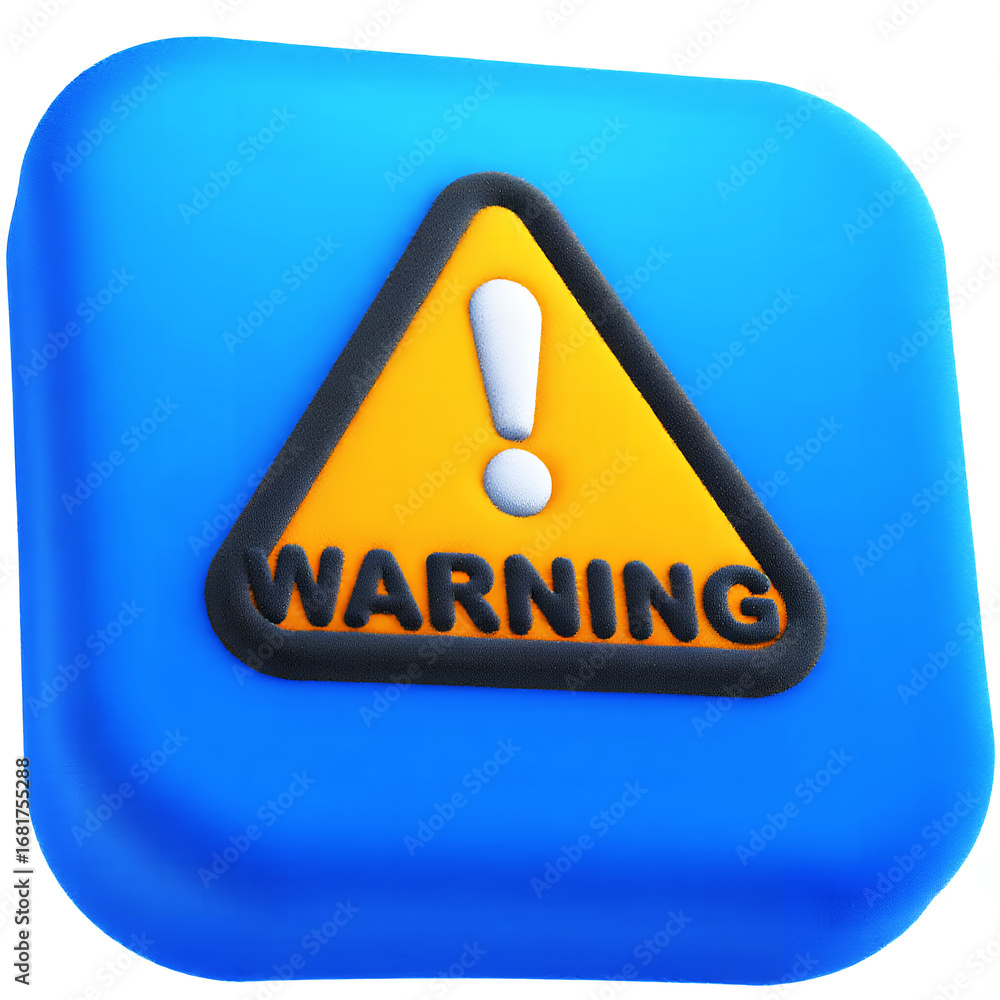 Aufkleber a blue square button with a yellow warning triangle and exclamation point icon on the center