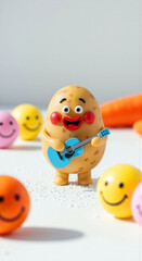 Cheerful potato toy musician with colorful smiley balls