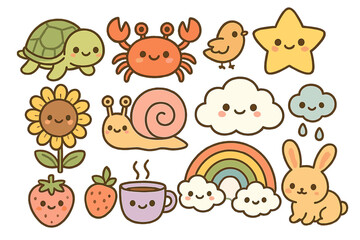 A collection of adorable turtles in a sea‑and‑beach theme, featuring marine animal cartoon characters, sun, a coconut tree, sand, fish, crab, and coral, hand‑drawn in a summer‑style kawaii vector