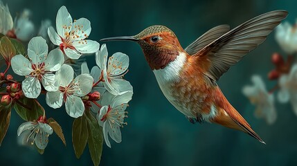 Naklejka premium Hummingbird in flight, feeding on delicate white blossoms