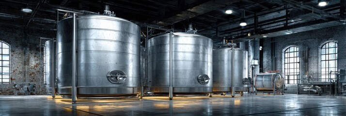 Industrial brewing facility showcasing large stainless steel fermentation tanks in a modern interior during daytime