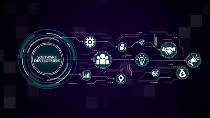 Software development team collaboration and technical process abstract design. business technology virtual screen background. performance metrics, and business insights from large data sets ,network , - Powered by Adobe