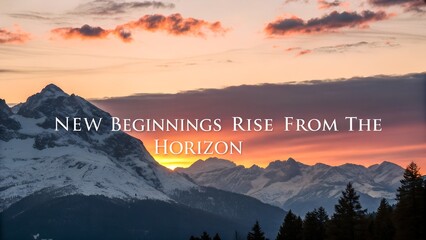 Inspirational Sunrise Over Snowy Mountain Peaks.